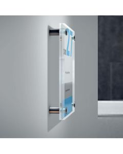 Glas Skilte, Premiumfix i størrelse 100x100mm med 2x4 mm sikkerhedsglas og 4 stk. ø13 gennemgående Afstandsbeslag/Pladebeslag i Rustfri Stål