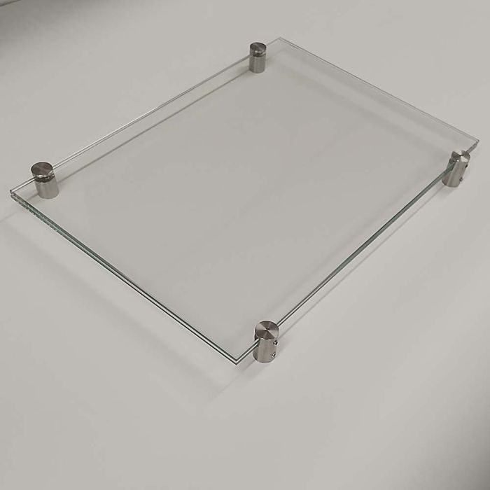 Premiumfix Glasskilt i str. 297x210mm, 2x4mm sikkerhedsglas, med 4 stk. afstandsbeslag med kantgreb