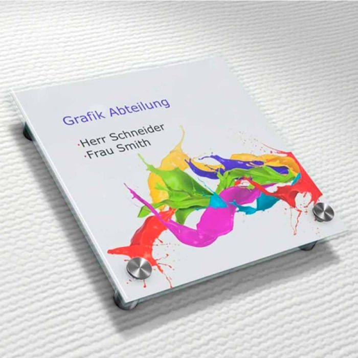 Glas Skilte, Premiumfix i størrelse 150x100mm med 2x4 mm sikkerhedsglas og 2 stk. ø13 gennemgående Afstandsbeslag/Pladebeslag i Rustfri Stål